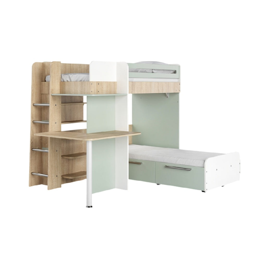 **Mobiliário Multifuncional: Cama Elevada com Escrivaninha Integrada e Espaço de Armazenamento**